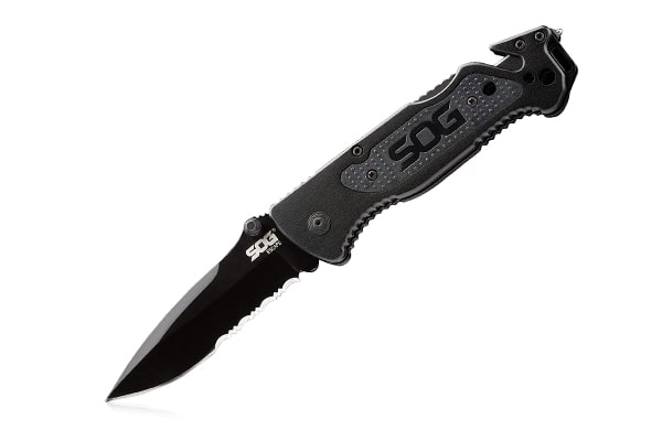 best tactical folding knife SOG Tactical Folding Knife - Escape Pocket Knife, Emergency Knife and Survival Knife w/ 3.4 Inch Serrated Edge Knife Blade and Glass Breaker (FF25-CP)